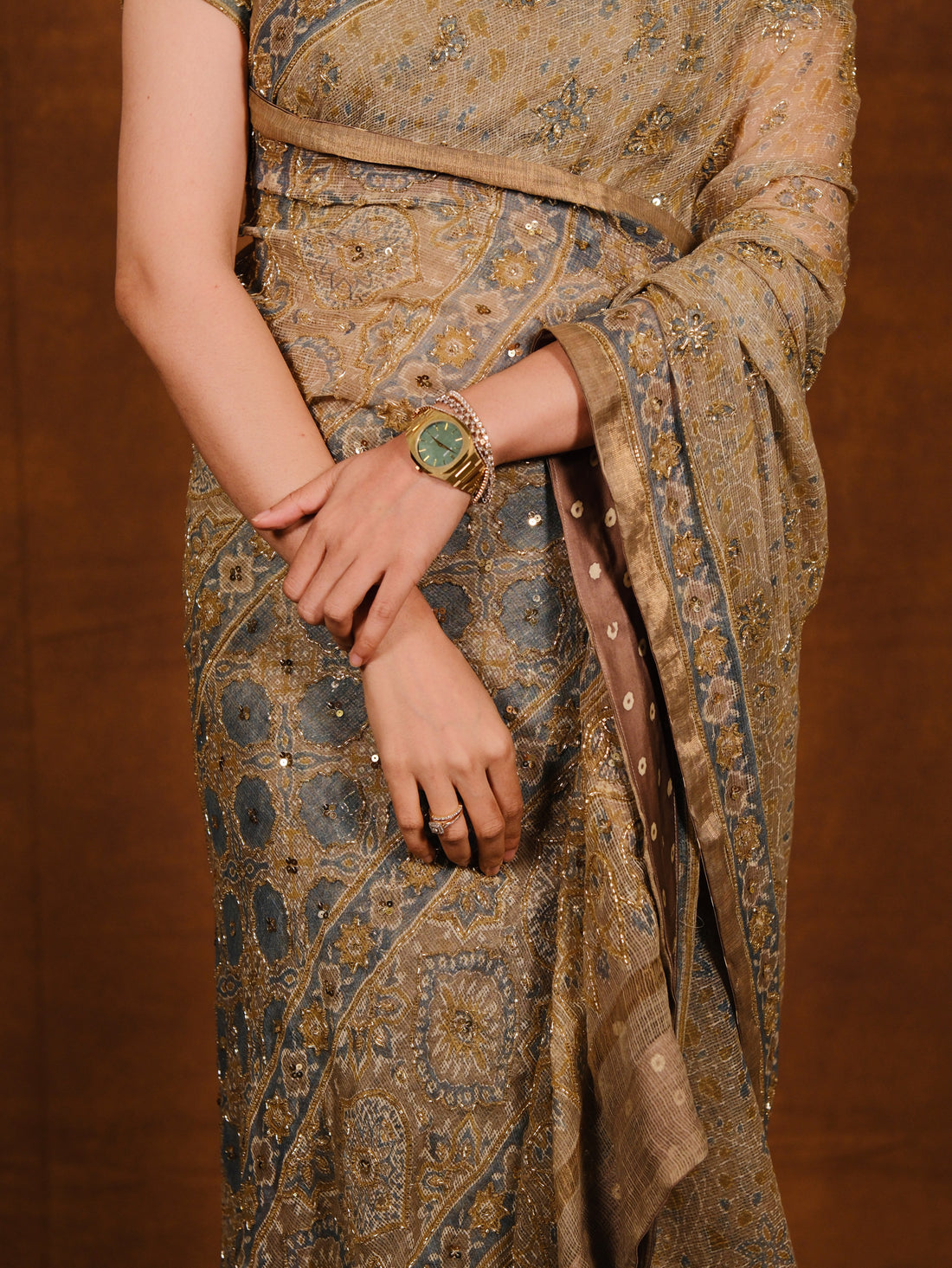 Ajrakh pure kota doria hand dyed, hand block printed and handworked saree