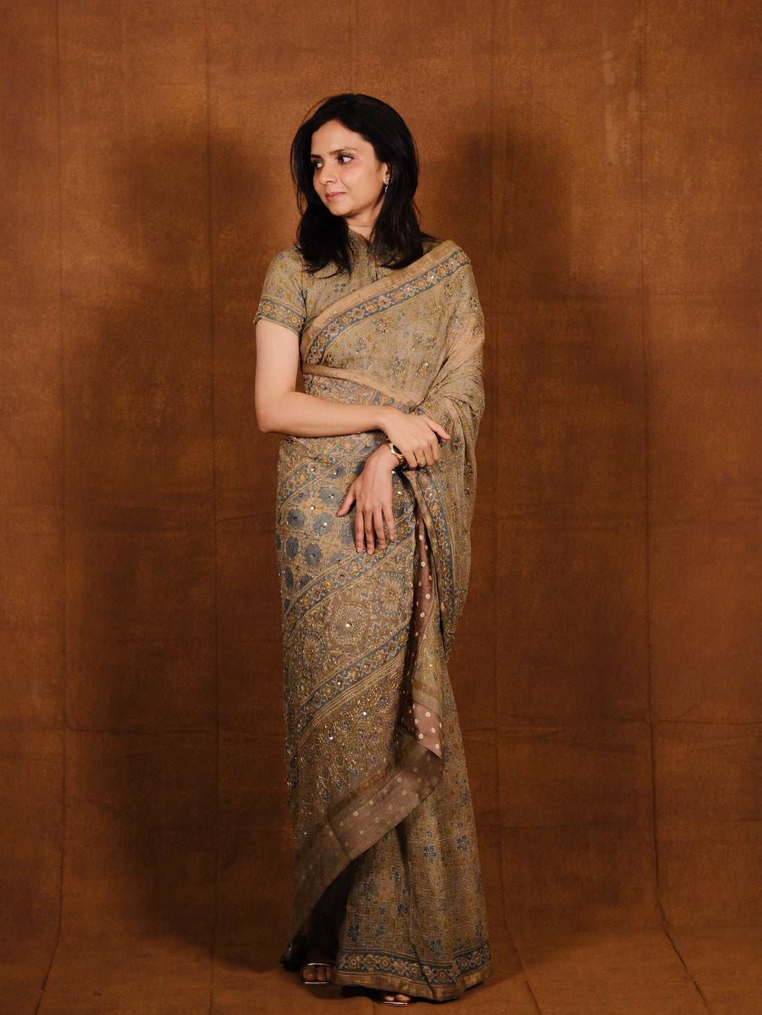 Ajrakh pure kota doria hand dyed, hand block printed and handworked saree