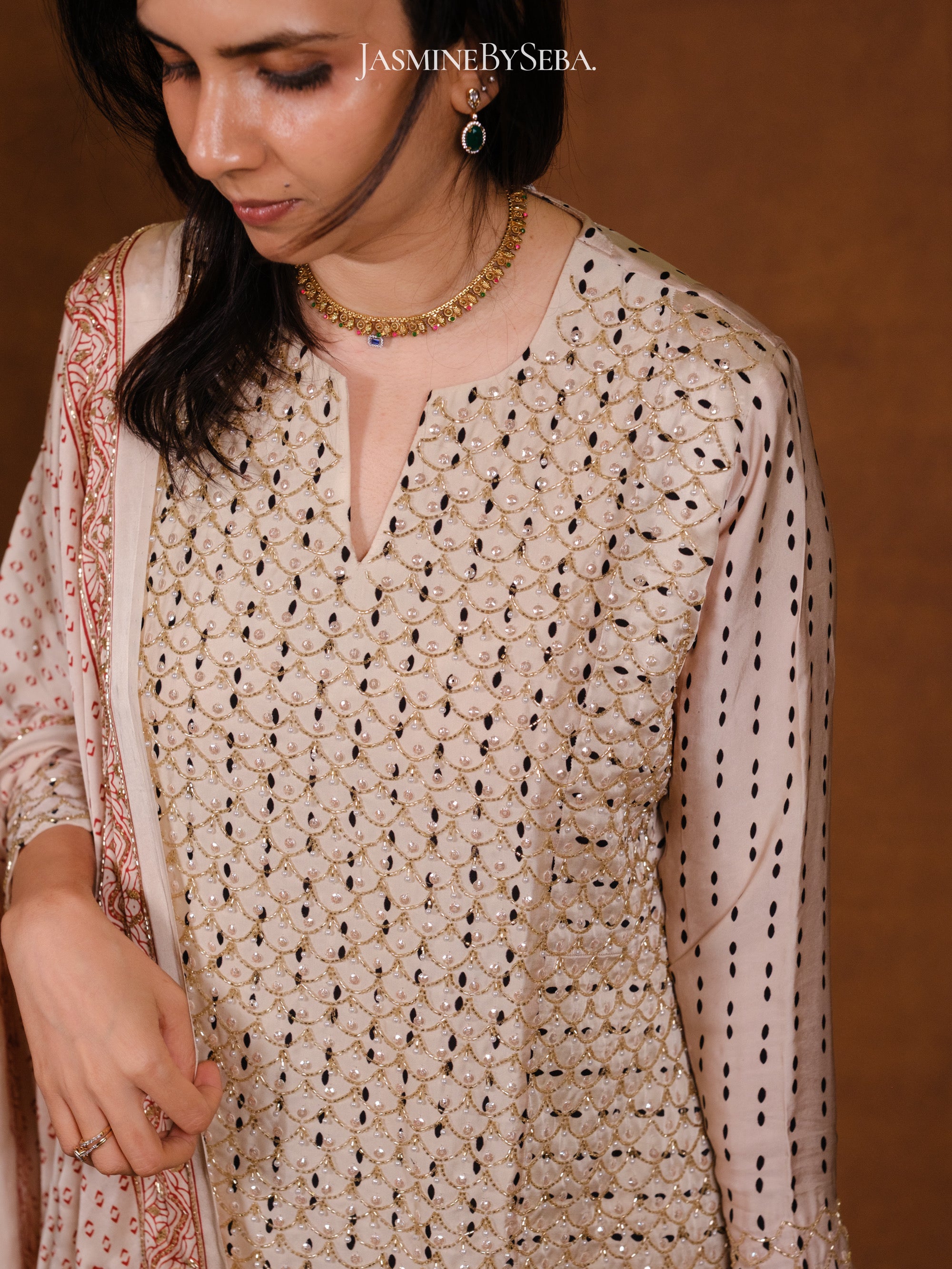 Ajrakh hand dyed hand block printed modal silk sharara set with cut bead handwork