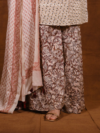 Ajrakh hand dyed hand block printed modal silk sharara set with cut bead handwork