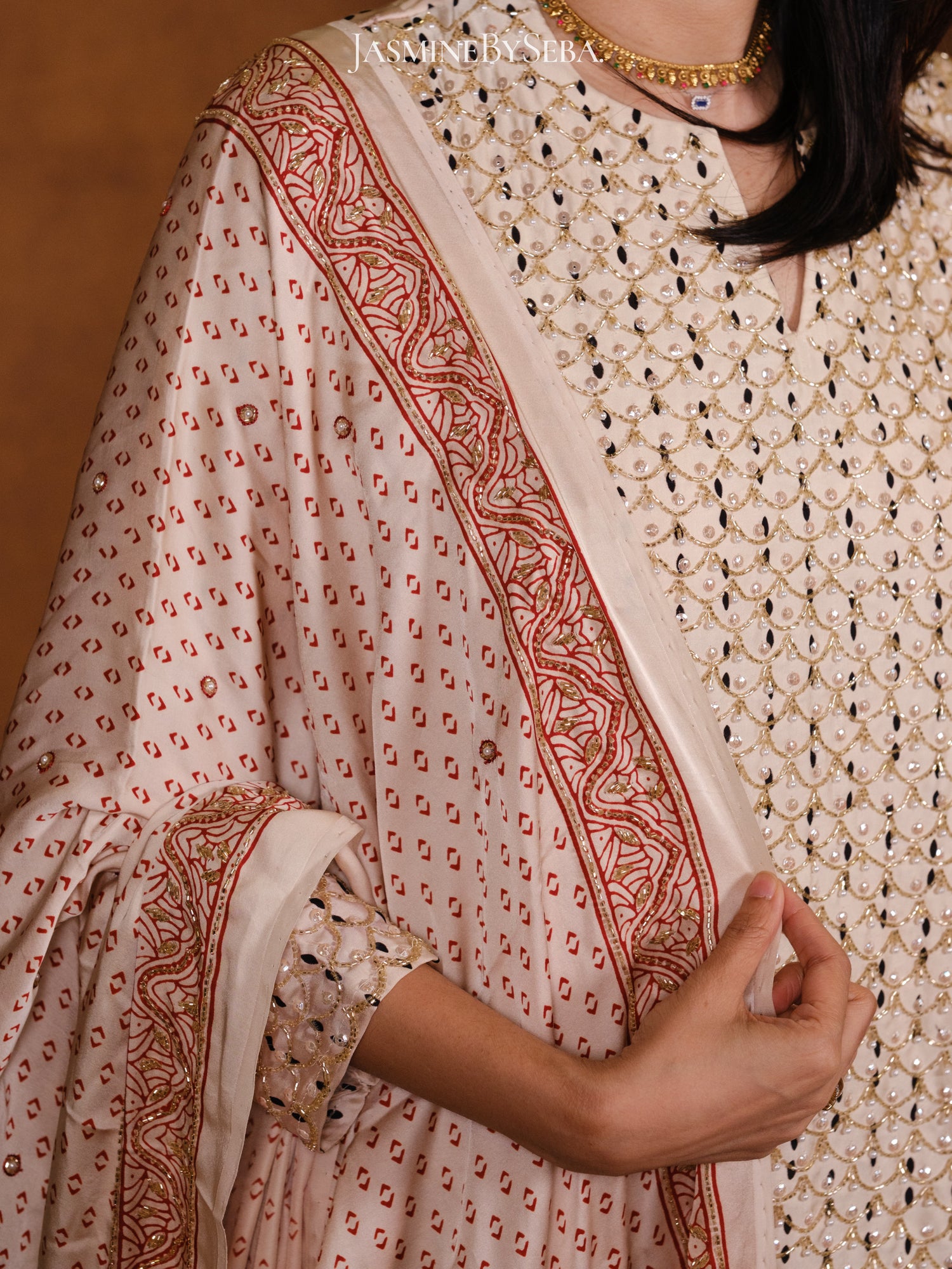 Ajrakh hand dyed hand block printed modal silk sharara set with cut bead handwork