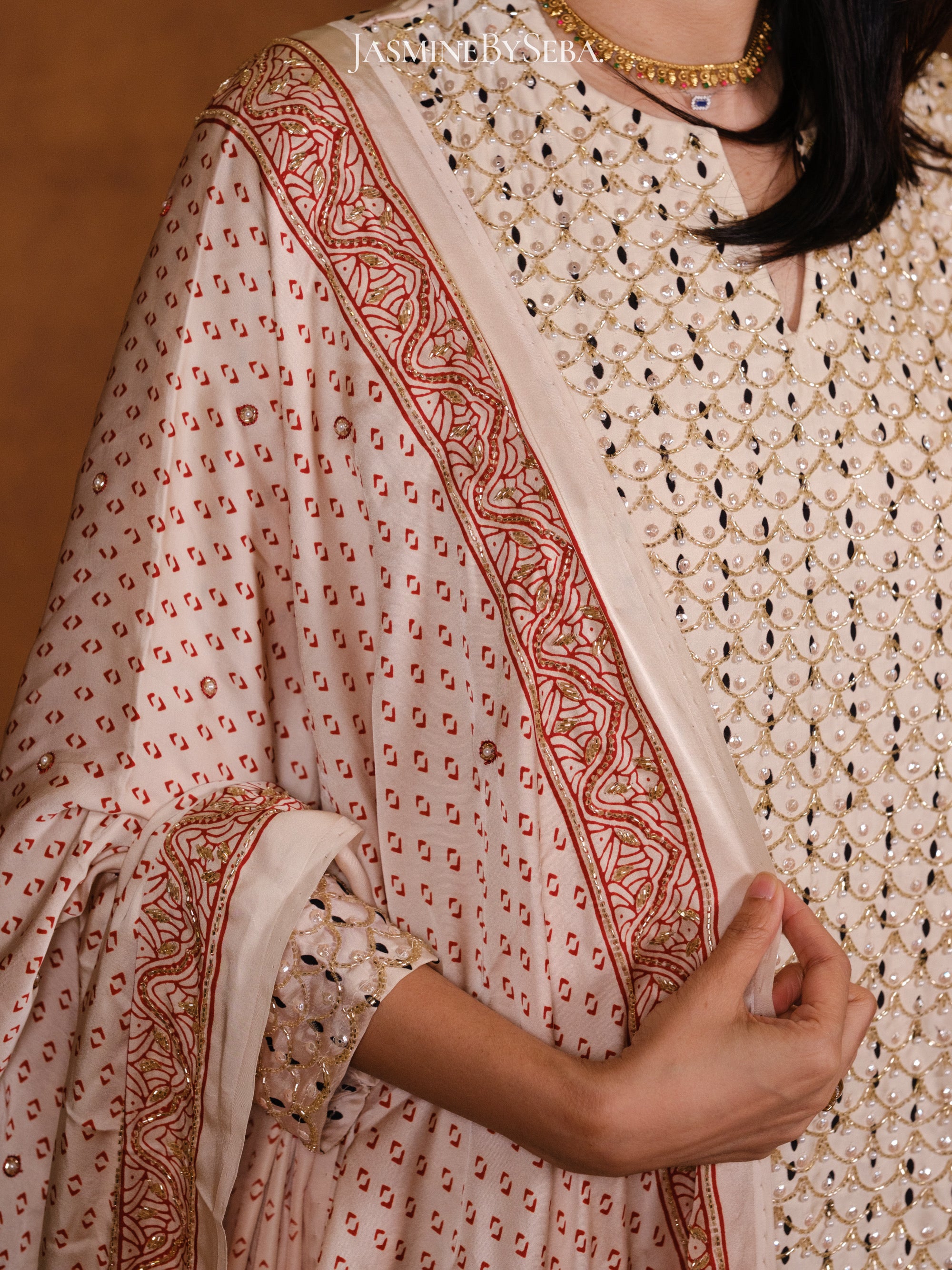 Ajrakh hand dyed hand block printed modal silk sharara set with cut bead handwork
