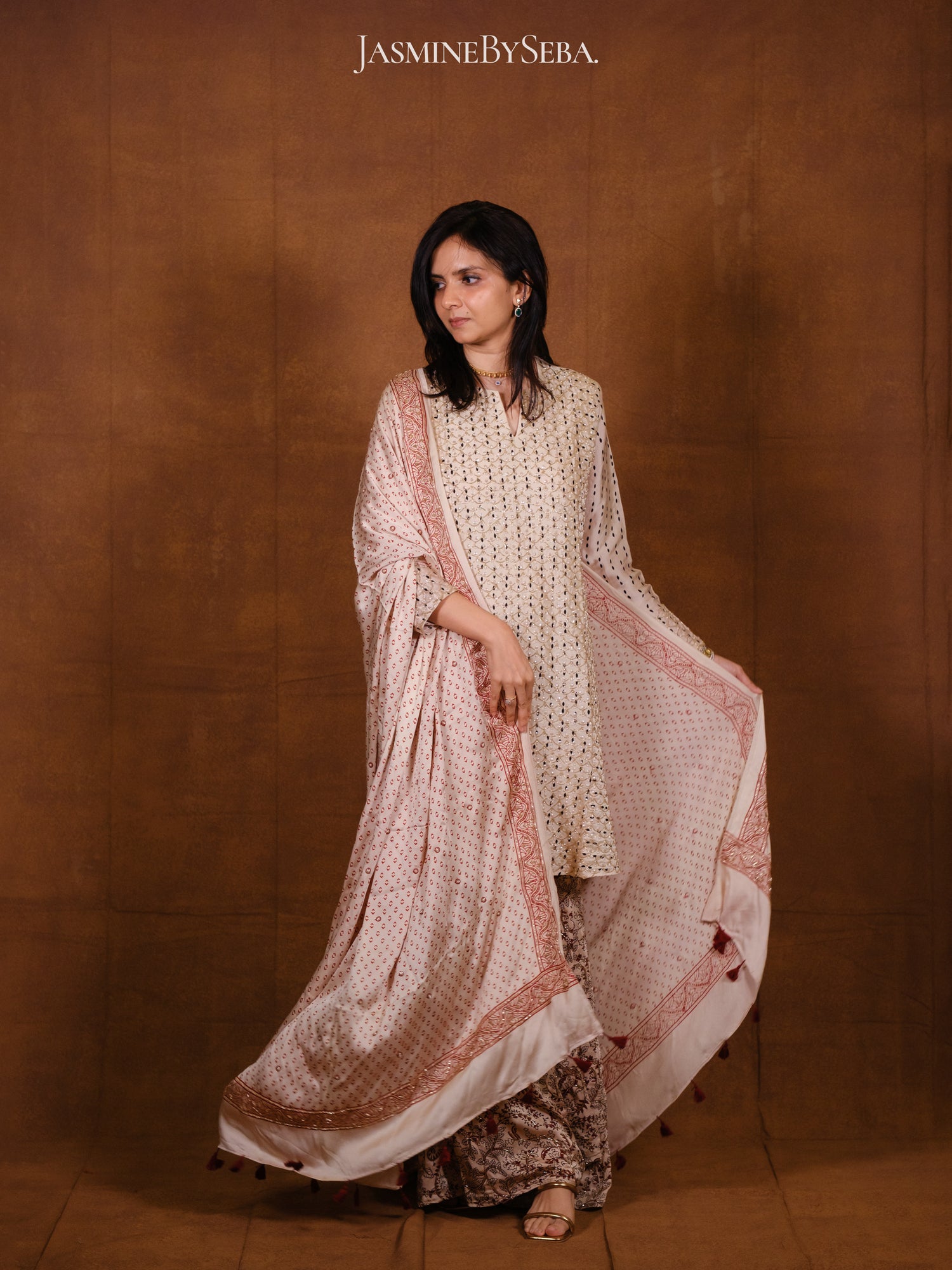 Ajrakh hand dyed hand block printed modal silk sharara set with cut bead handwork