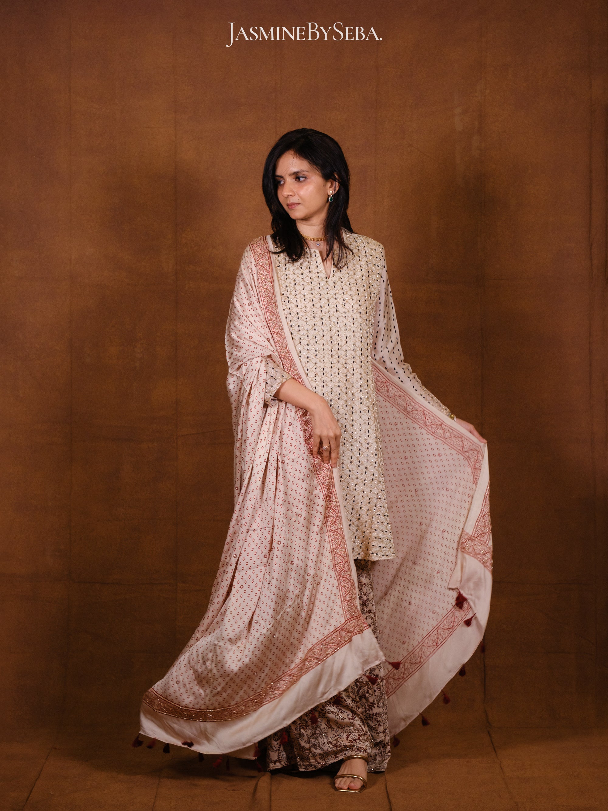 Ajrakh hand dyed hand block printed modal silk sharara set with cut bead handwork