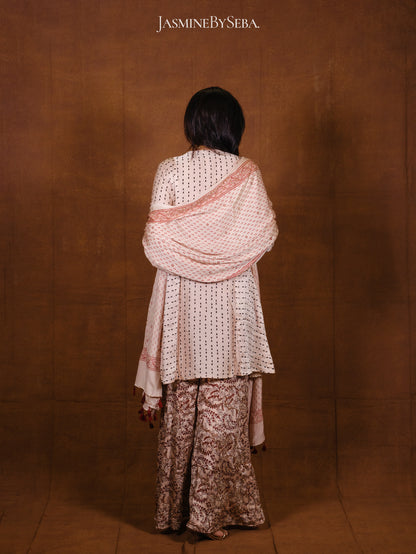 Ajrakh hand dyed hand block printed modal silk sharara set with cut bead handwork