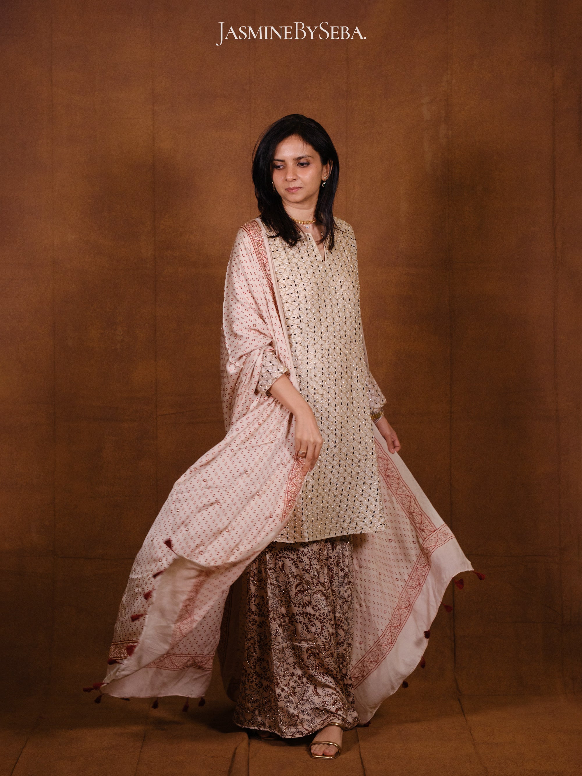 Ajrakh hand dyed hand block printed modal silk sharara set with cut bead handwork