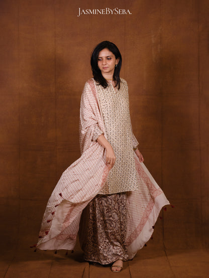 Ajrakh hand dyed hand block printed modal silk sharara set with cut bead handwork