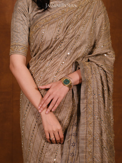 Ajrakh pure handloom tussar silk hand dyed, hand block printed and handworked saree