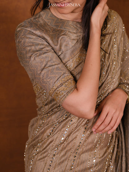 Ajrakh pure handloom tussar silk hand dyed, hand block printed and handworked saree