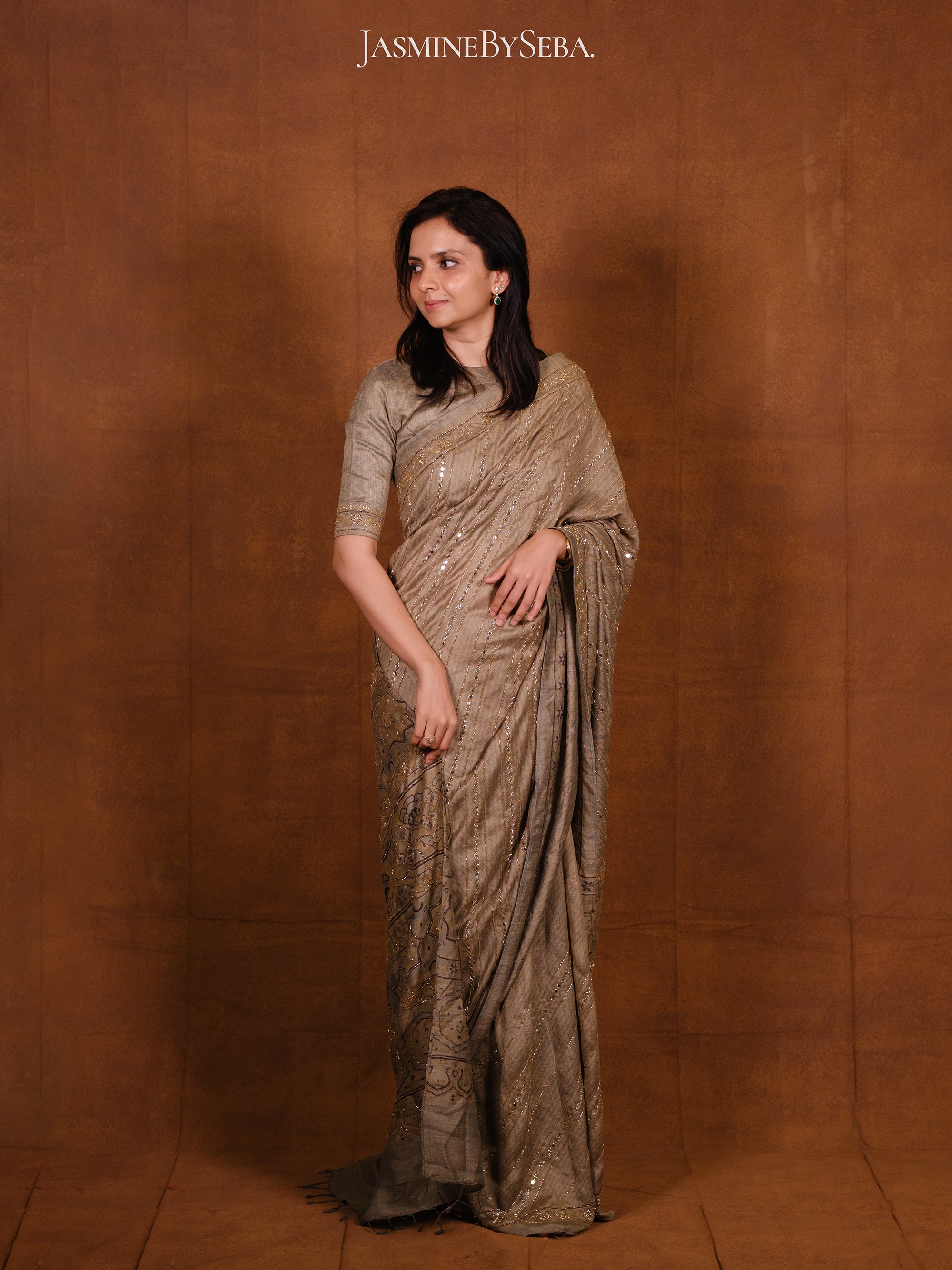 Ajrakh pure handloom tussar silk hand dyed, hand block printed and handworked saree