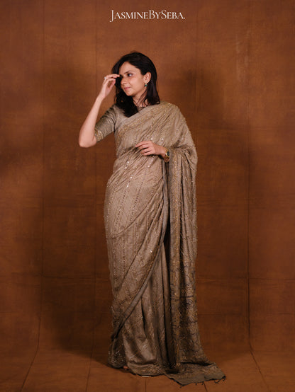 Ajrakh pure handloom tussar silk hand dyed, hand block printed and handworked saree