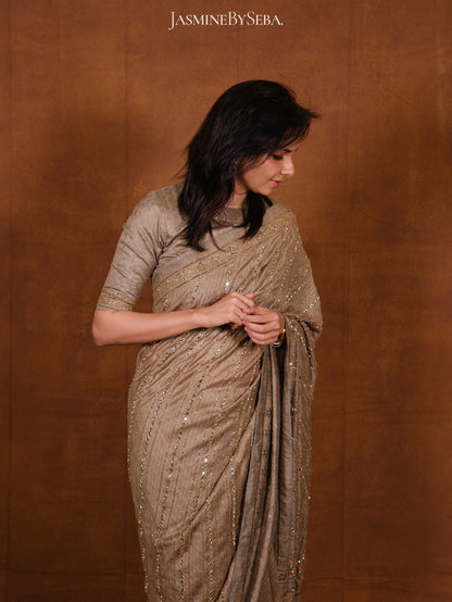 Ajrakh pure handloom tussar silk hand dyed, hand block printed and handworked saree