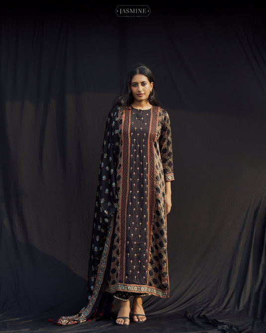 Black Pure Modal Silk Ajrakh Printed Kurta Dupatta Set (Unstitched) | Premium Artisan Crafted Dress Material main image 1