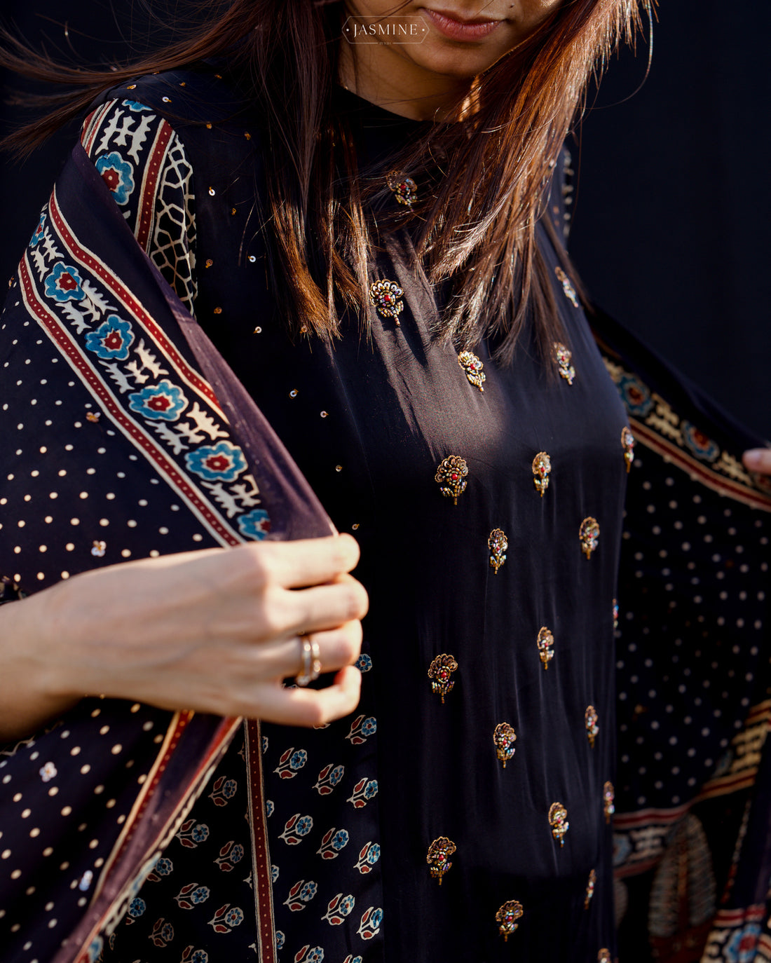 Ajrakh hand block printed modal silk A line salwar set with zardosi handwork