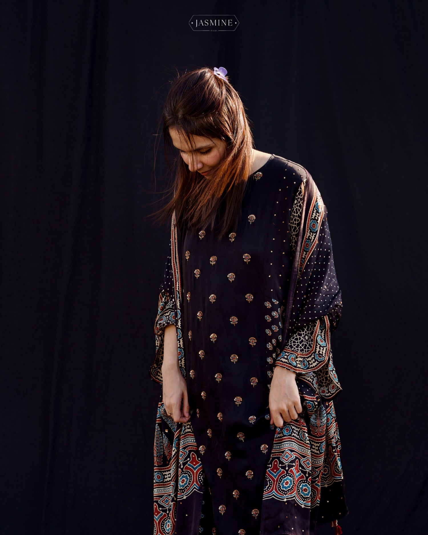 Ajrakh hand block printed modal silk A line salwar set with zardosi handwork