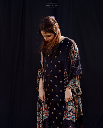 Ajrakh hand block printed modal silk A line salwar set with zardosi handwork