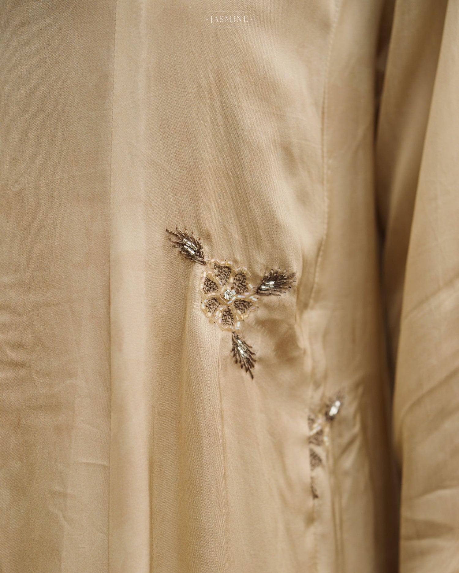 Jasmine in-house printed A line set in satin silk with cut bead handwork