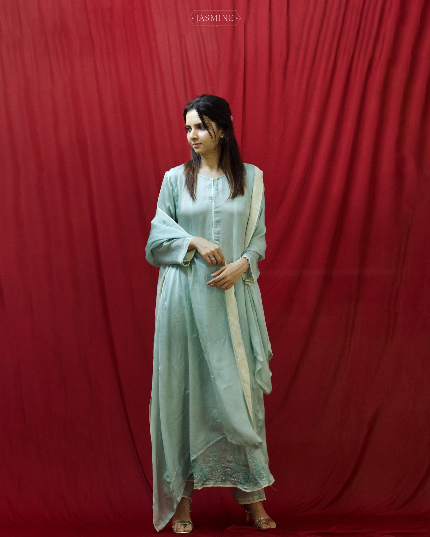 Jasmine in-house printed A line set in satin silk with cut bead handwork