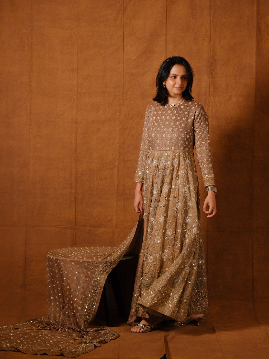 Custom made Ajrakh handcrafted handloom Tusshar silk bridal anarkali set with pure handloom gajji silk dupatta detailed out with hand embroidry