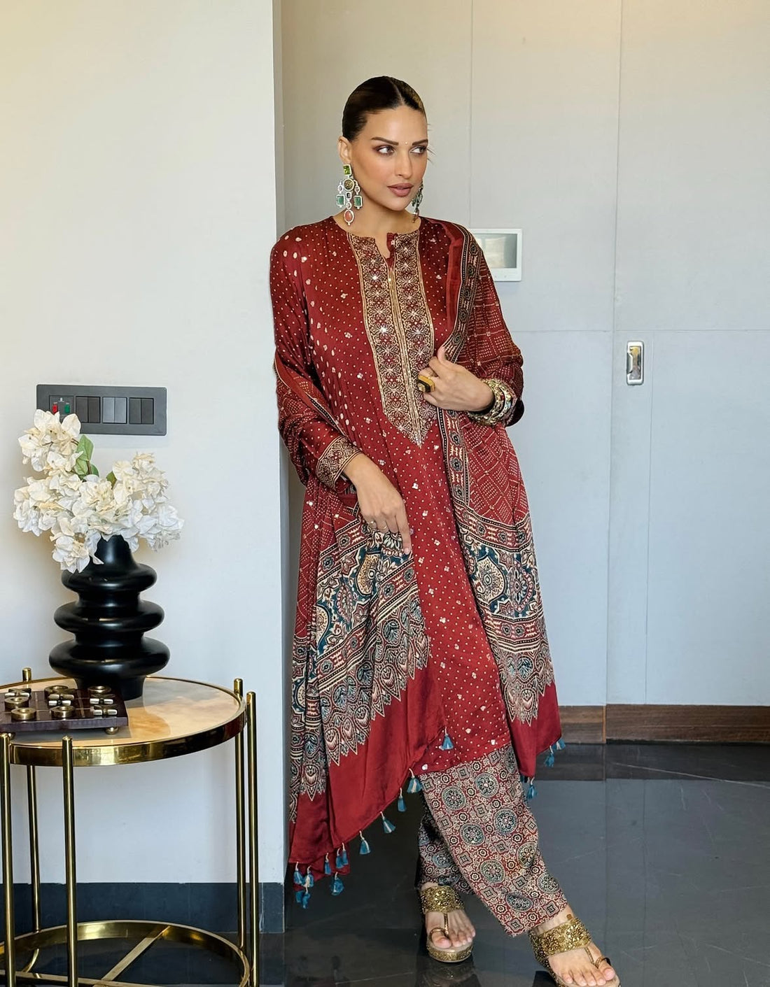 Ajrakh hand dyed hand block printed modal silk panel cut salwar set with cut bead handwork