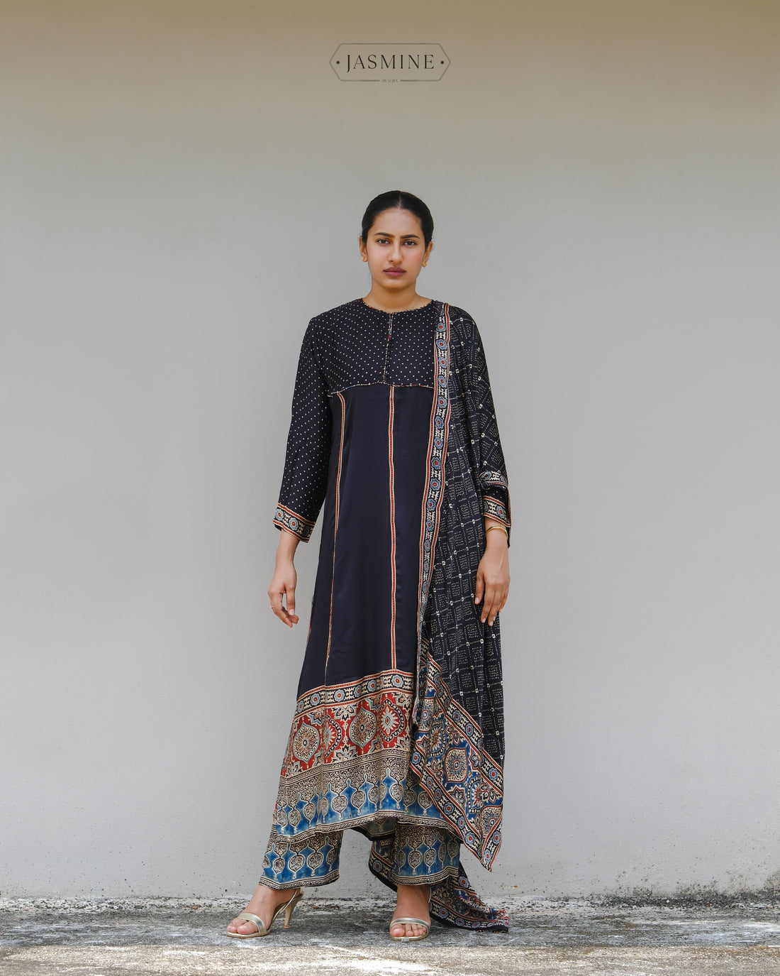 Ajrakh black modal silk A line suit set