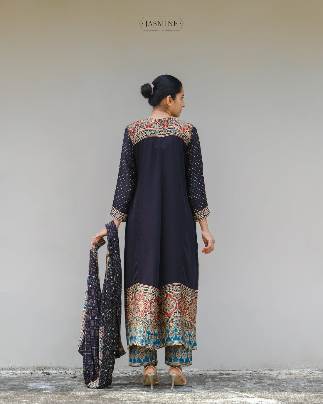 Ajrakh black modal silk A line suit set