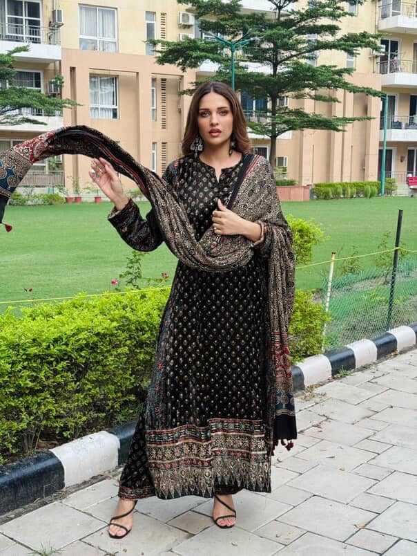 Ajrakh hand block printed velvet silk  panel line salwar set with cutbead handwork