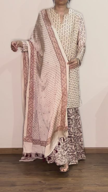 Ajrakh hand dyed hand block printed modal silk sharara set with cut bead handwork