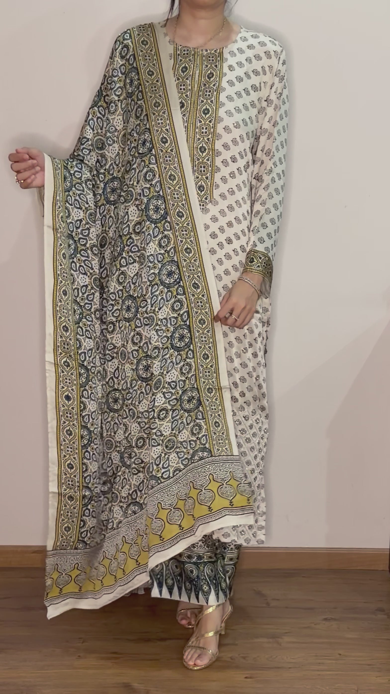 Ajrakh hand dyed hand block printed modal silk straight cut salwar set with cutbead handwork