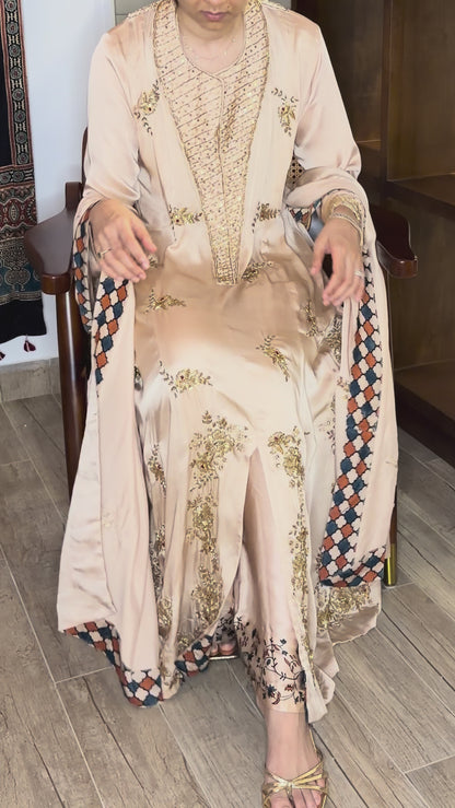 Ajrakh hand dyed hand block printed modal silk panel cut salwar set with cut bead handwork
