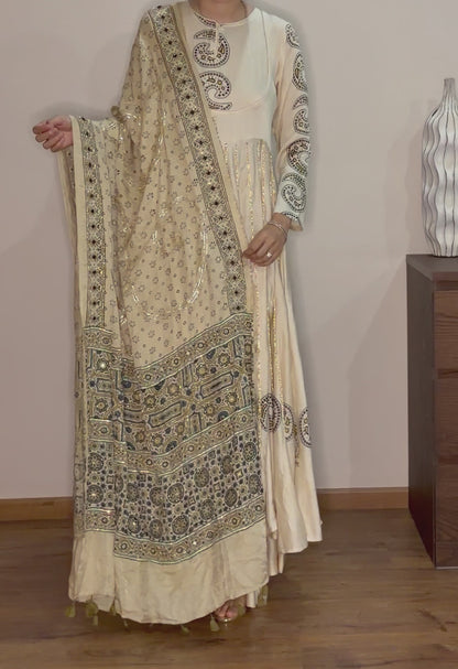 Custom made Ajrakh hand dyed hand block printed modal silk anarakali set with hand embroidry