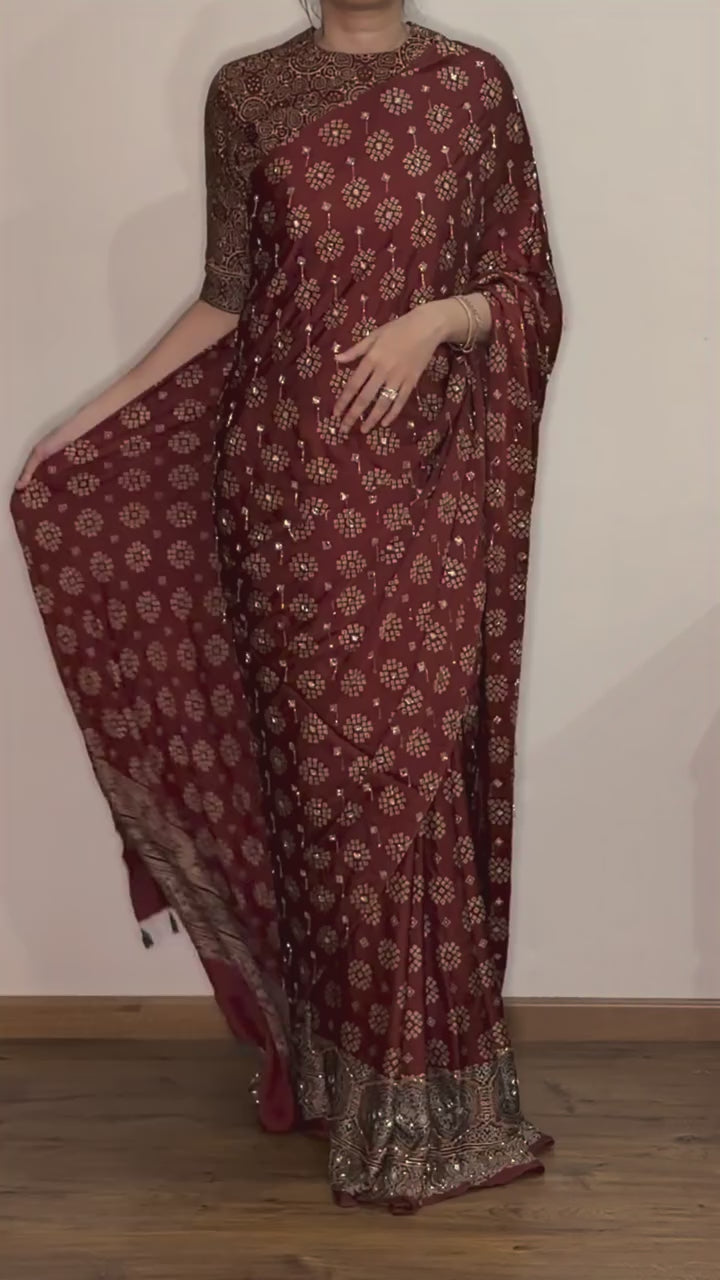 Ajrakh pure modal silk hand dyed, hand block printed and handworked saree