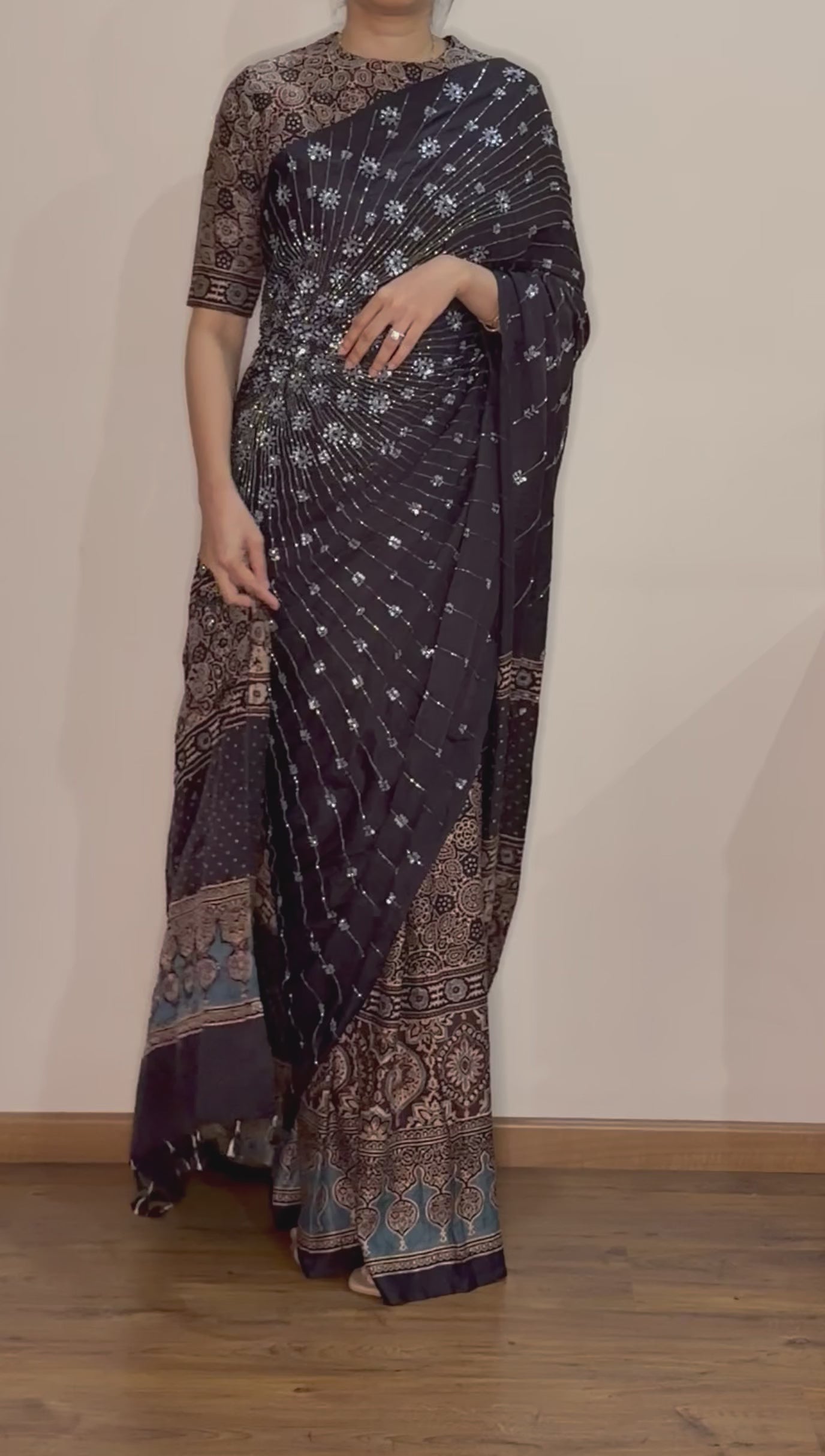 Ajrakh pure handloom gajji silk hand dyed, hand block printed and handworked saree