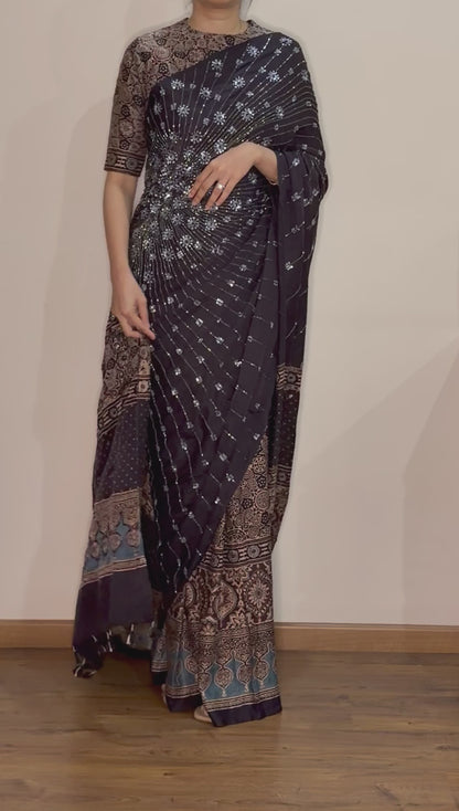 Ajrakh pure handloom gajji silk hand dyed, hand block printed and handworked saree