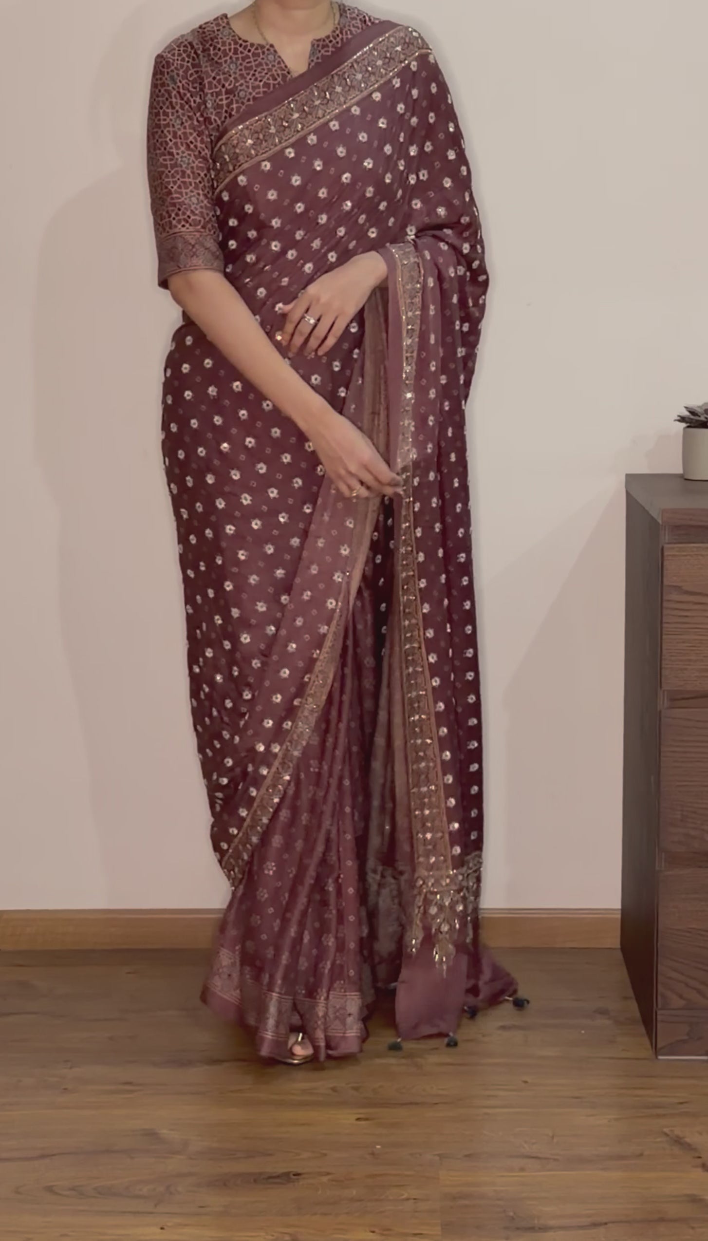 Ajrakh pure handloom gajji silk hand dyed, hand block printed and handworked saree