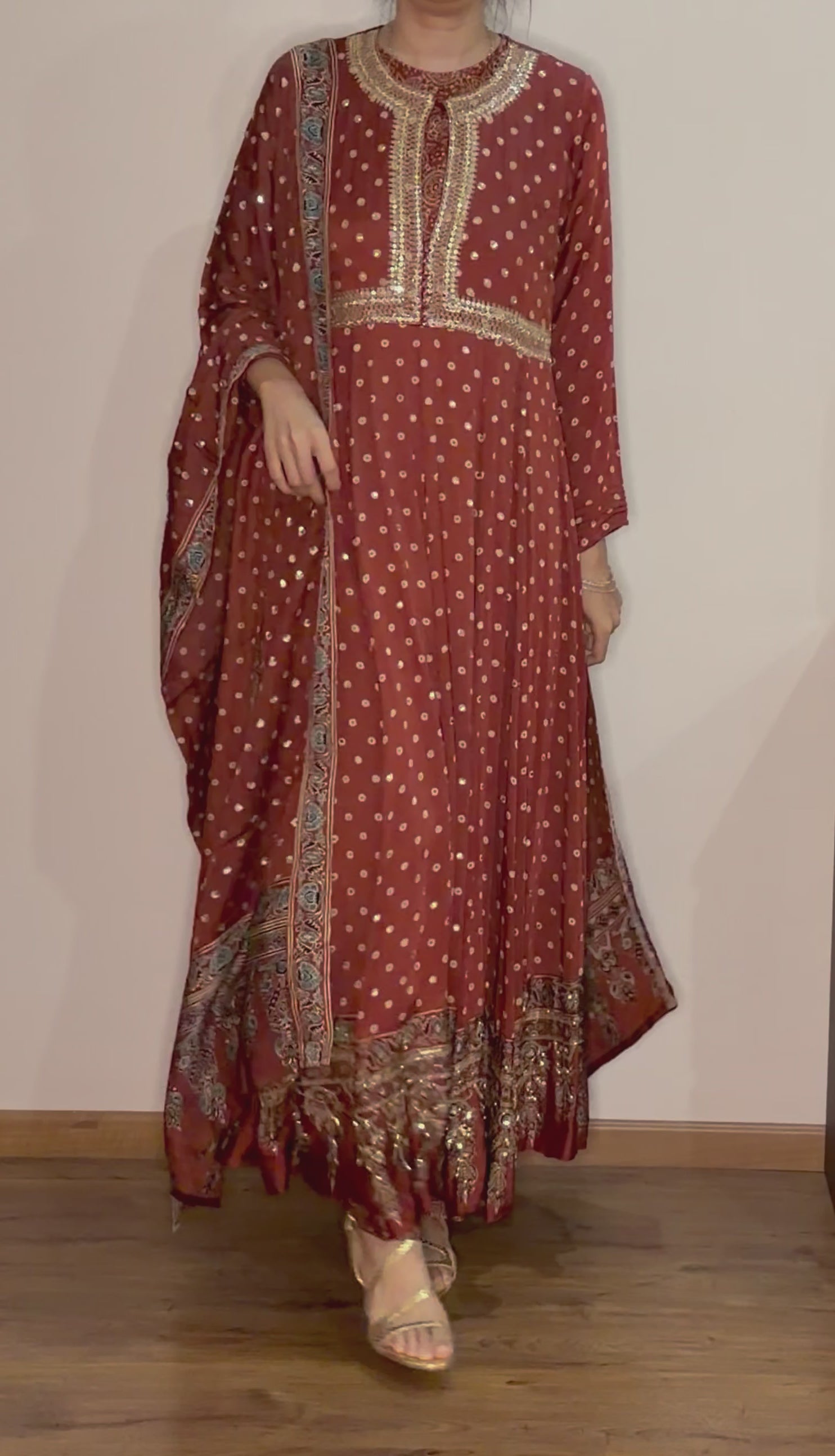 Ajrakh hand dyed hand block printed modal silk panel cut salwar set with cut bead handwork