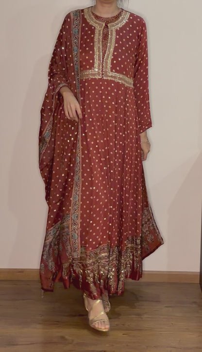 Ajrakh hand dyed hand block printed modal silk panel cut salwar set with cut bead handwork