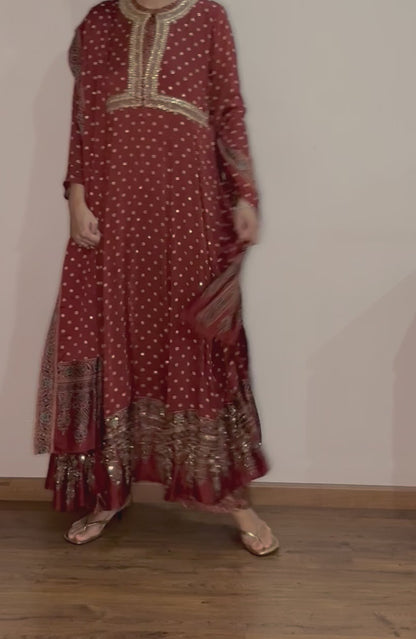 Ajrakh hand dyed hand block printed modal silk panel cut salwar set with cut bead handwork