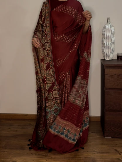 Ajrakh modal silk handworked saree with modal silk handworked dupatta