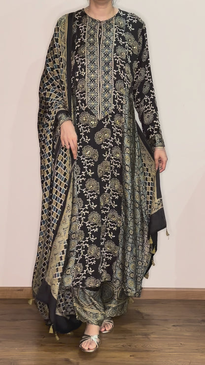 Ajrakh hand dyed hand block printed modal silk panel cut salwar set with cut bead handwork