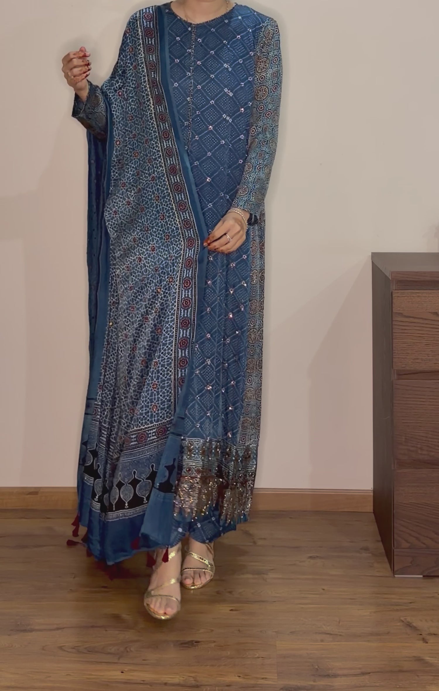 Ajrakh hand dyed hand block printed modal silk panel cut Anarkali set with cut bead handwork