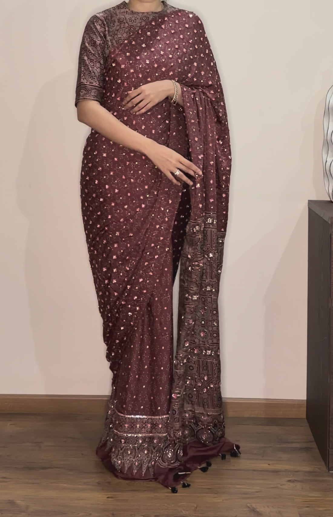 Ajrakh pure handloom gajji silk hand dyed, hand block printed and handworked saree