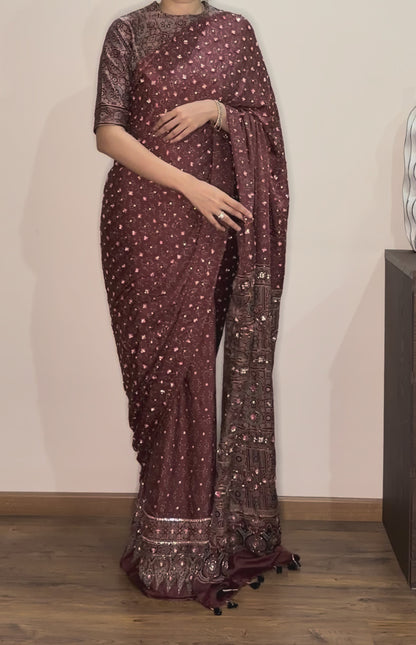Ajrakh pure handloom gajji silk hand dyed, hand block printed and handworked saree