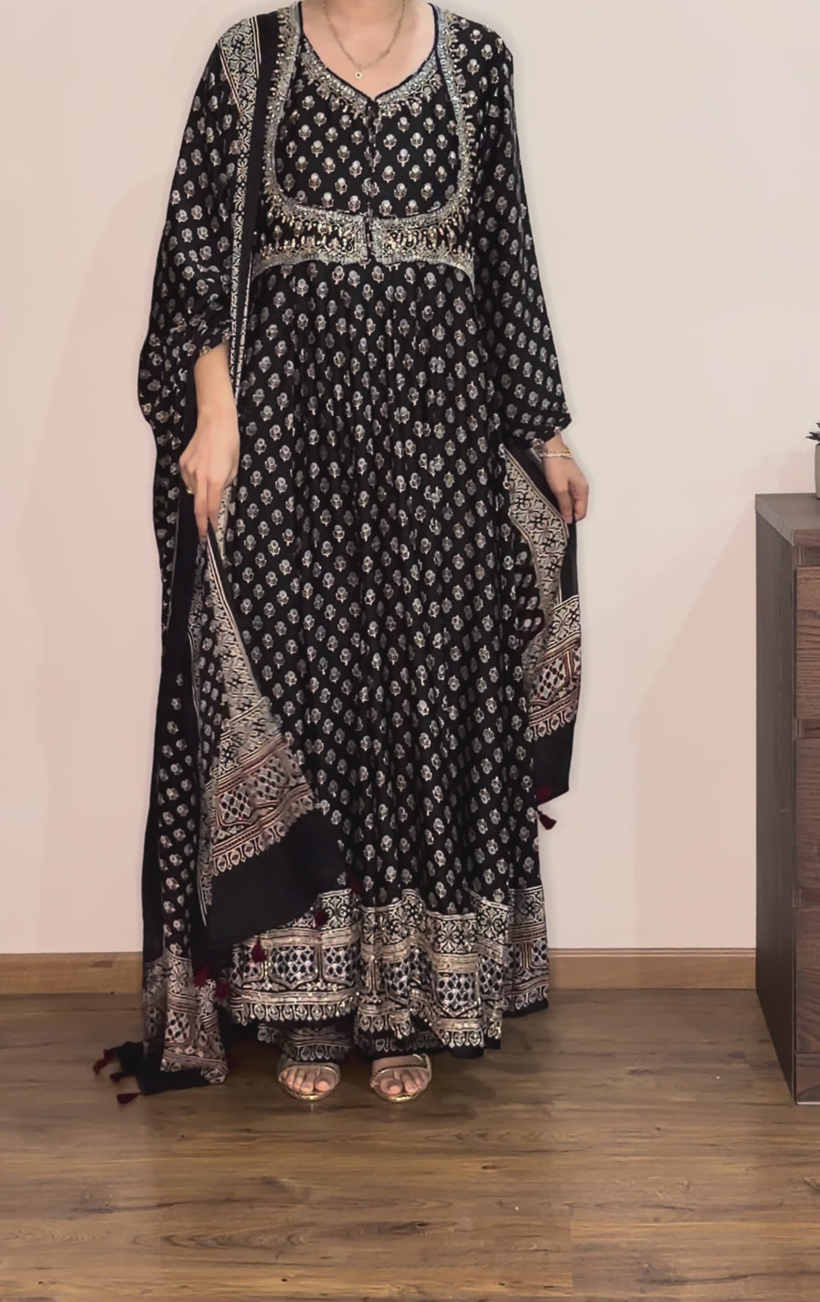 Custom made Ajrakh hand dyed hand block printed modal silk anarakali set with hand embroidry