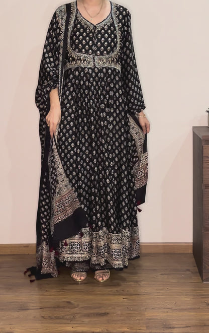 Custom made Ajrakh hand dyed hand block printed modal silk anarakali set with hand embroidry
