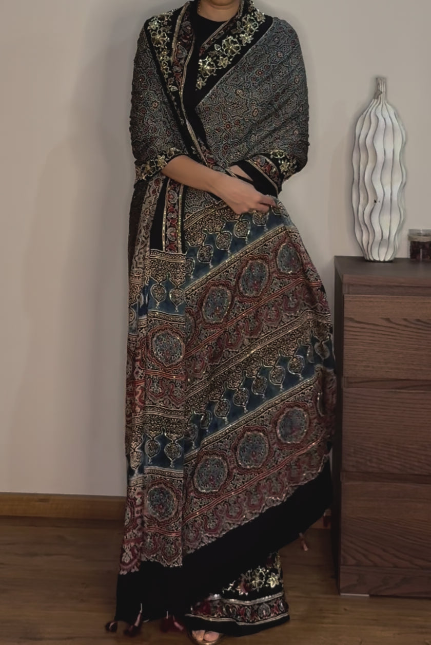 Ajrakh pure modal silk hand dyed, hand block printed and handworked saree