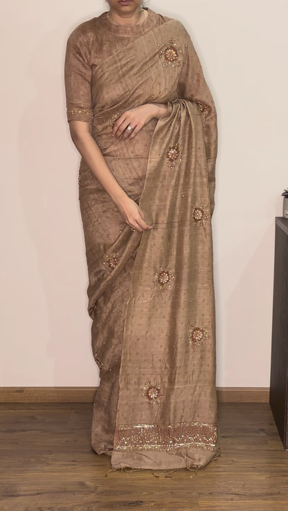 Ajrakh pure handloom tussar silk hand dyed, hand block printed and handworked saree