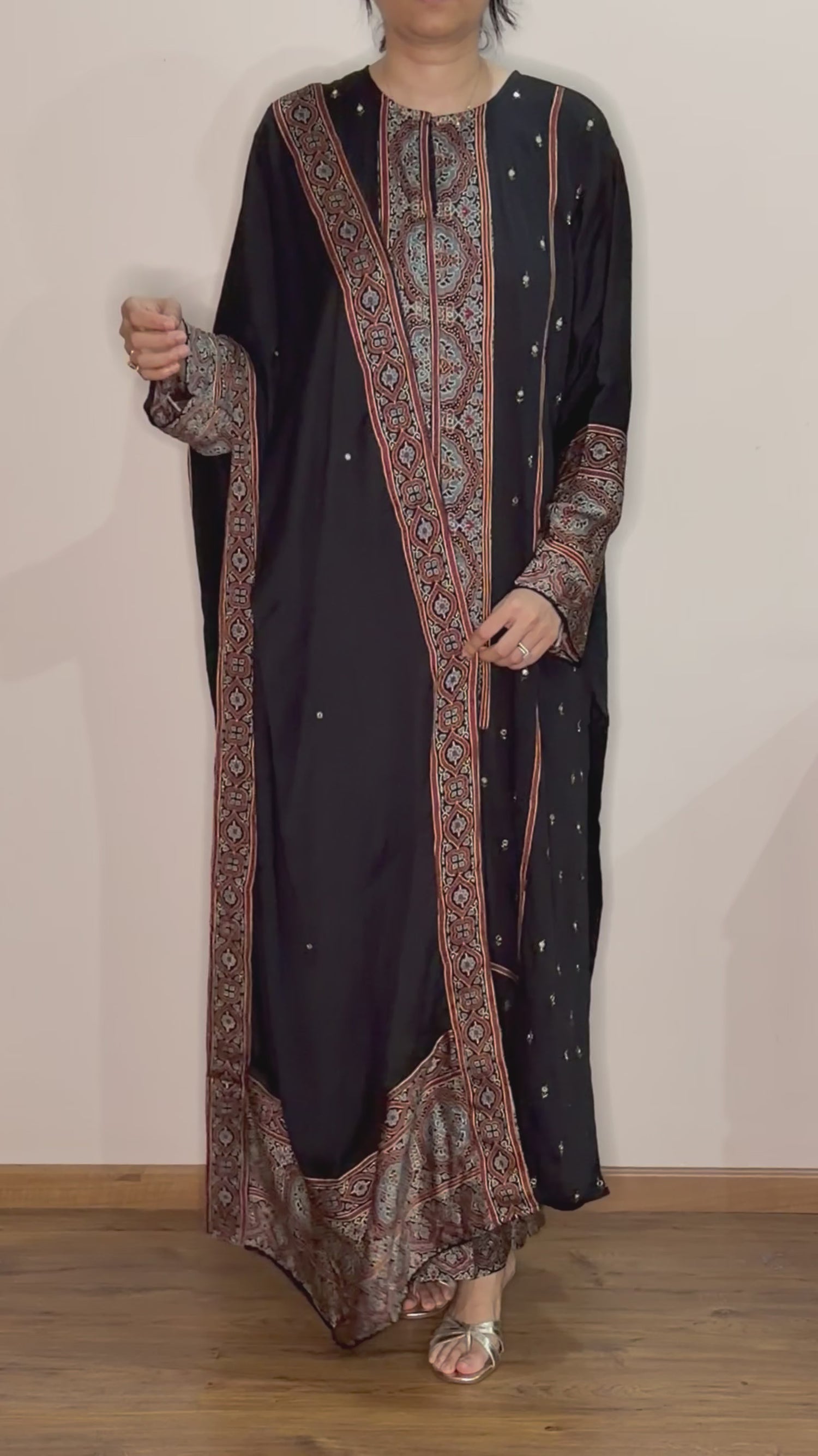 Ajrakh hand block printed modal silk straight cut salwar set with cutbead handwork