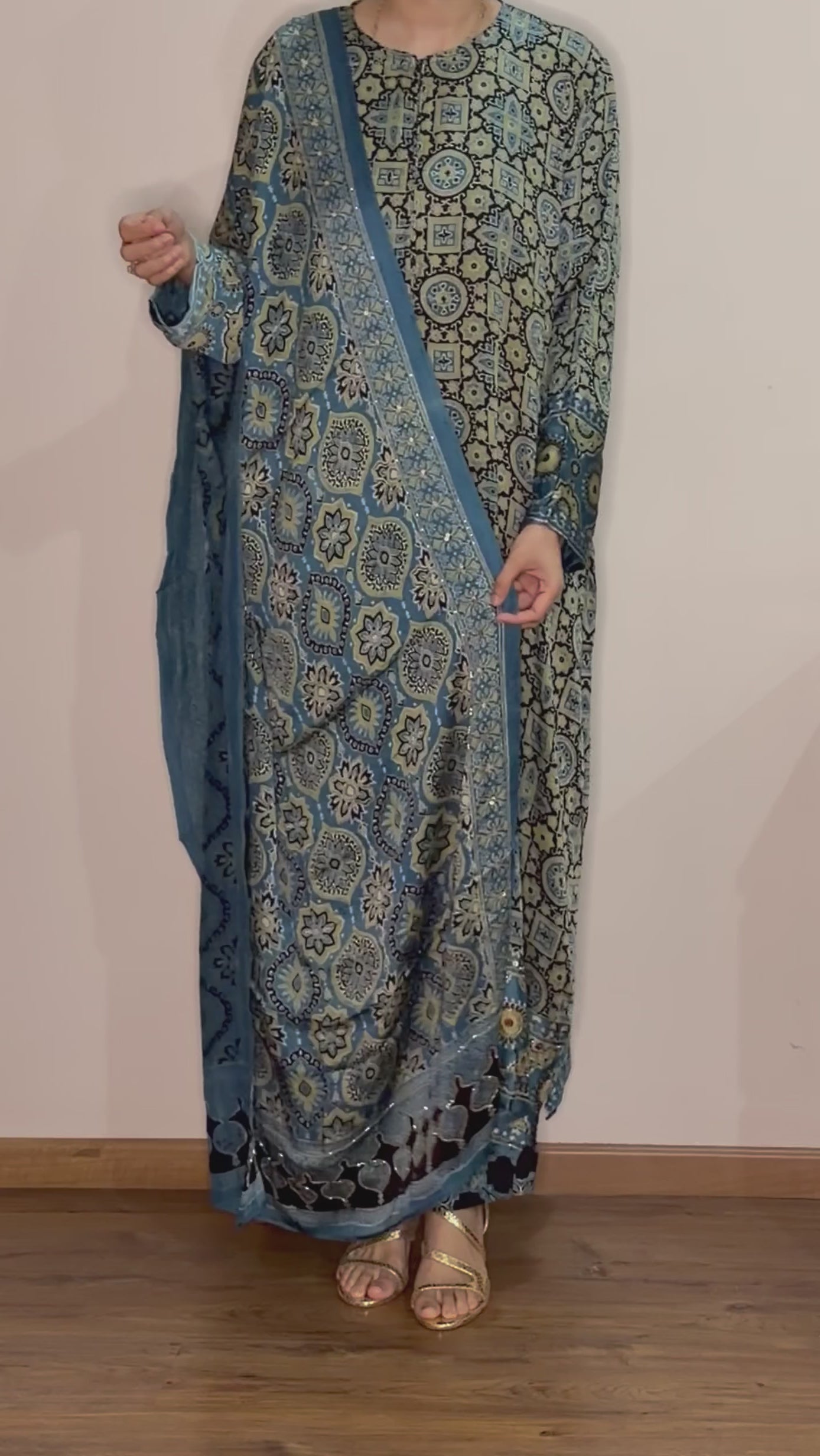 Ajrakh hand block printed modal silk straight cut salwar set with cutbead handwork