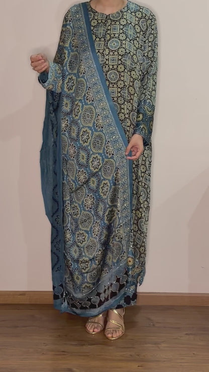 Ajrakh hand block printed modal silk straight cut salwar set with cutbead handwork